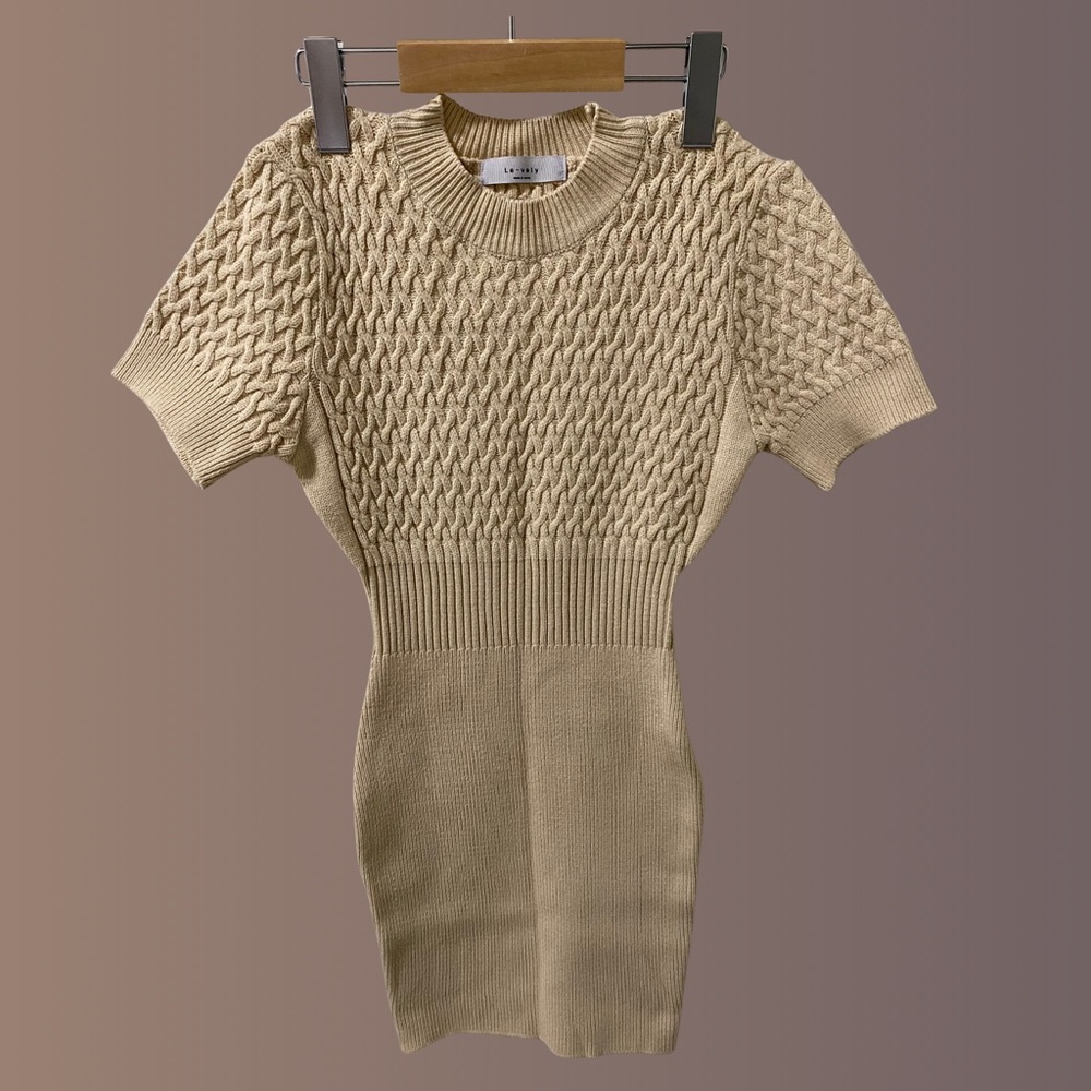 Beige Knit Short Sleeve Dress